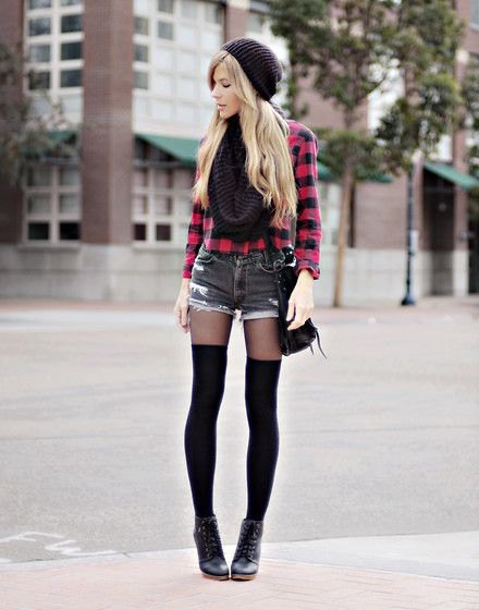 black and red plaid shirt with buttons, mini denim shorts and tights
