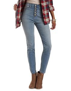 black and red checked flannel shirt with narrow light blue jeans