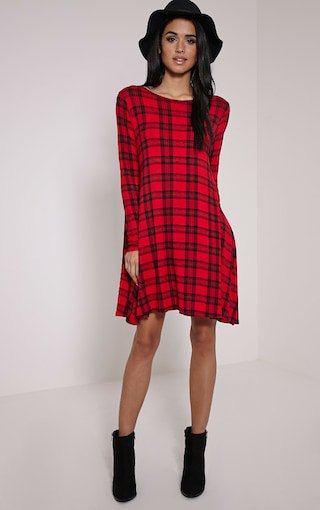 black and red checked swing dress with floppy hat