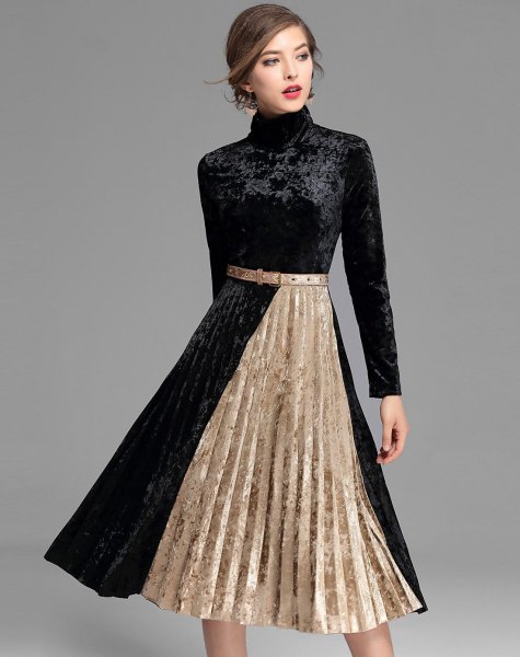two-tone midi dress made of velvet in black and rose gold