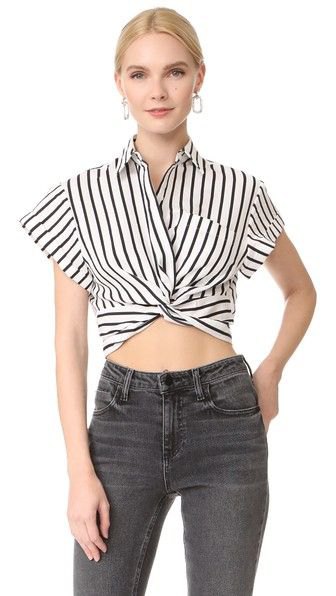 short cut black and white top with cap sleeves and gray jeans