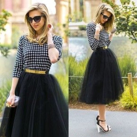 black and white checked blouse with black tutu skirt and gold belt