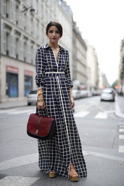 black and white checked maxi dress with a ruched waist
