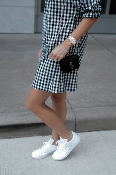 black and white checkered mini shift dress with low sneakers