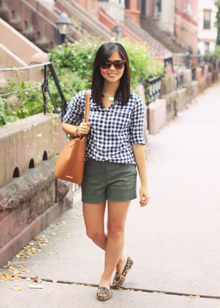 black and white checked shirt with gray mini shorts
