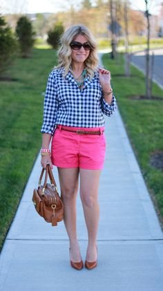 black and white checked shirt with pink shorts