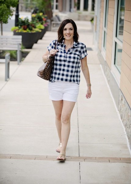 black and white checked shirt with mini casual shorts