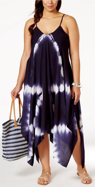 black and white chiffon maxi airy strap dress with silver sandals