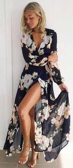 long dress with deep V-neck and floral pattern in black and white