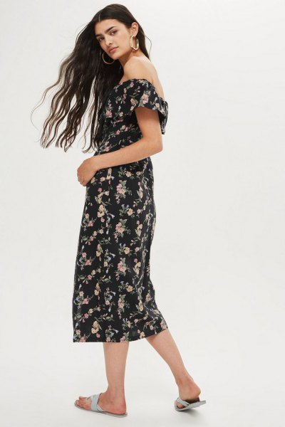 Midi bardot dress with floral print in black and white