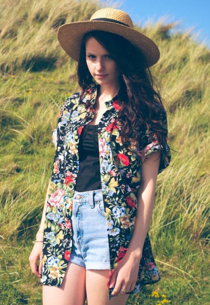 floral and floral oversized Hawaiian shirt and straw hat