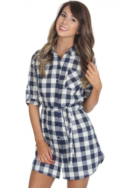 black and white checked shirt dress with half sleeves