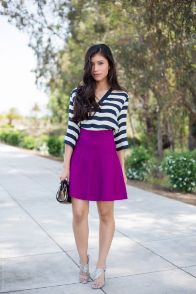 horizontally striped black and white top with purple skater skirt