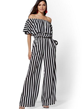 Shop 7th Avenue - Black & White Stripe Off-The-Shoulder Jumpsuit .