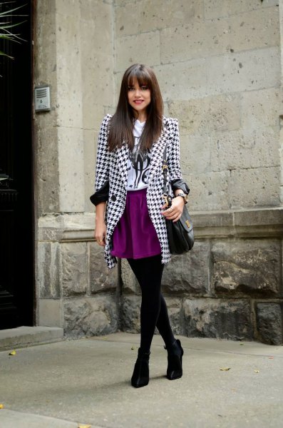 black and white patterned tweed blazer with mini skirt and leggings