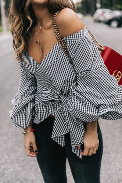 black and white checked belt with off-the-shoulder blouse