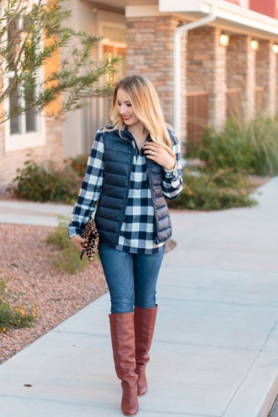 black and white checked boyfriend shirt with puffer vest