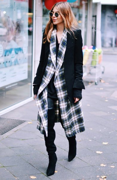 black and white checked coat with blazer and slim fit jeans