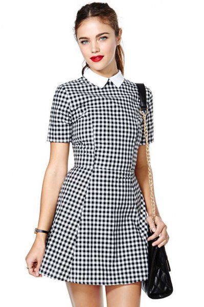 black and white checked fit and flare mini dress