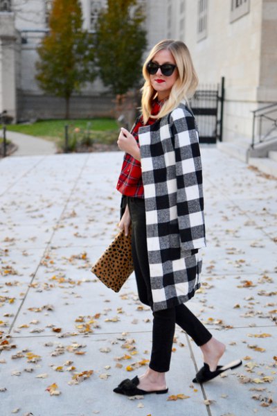 black and white checked longline wool coat with clutch with leopard print