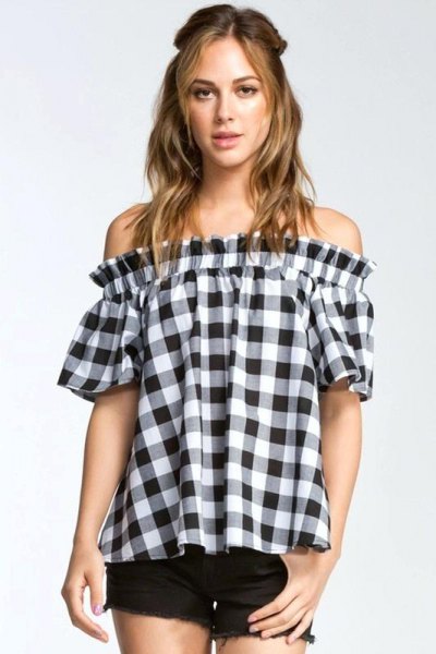 black and white checkered shoulder blouse with mini denim shorts