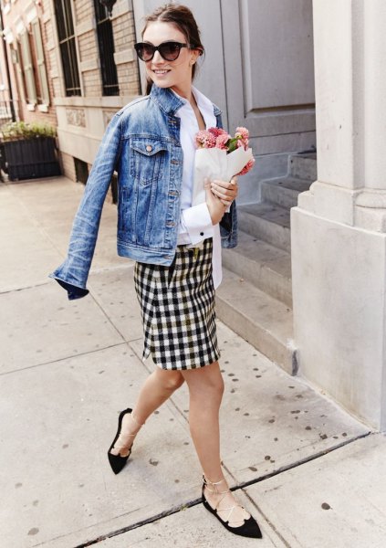 Denim jacket with a black and white checked pencil skirt