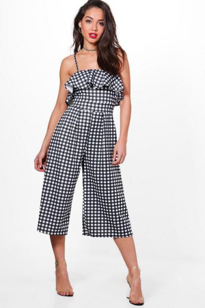 black and white checked frilled culottes overall