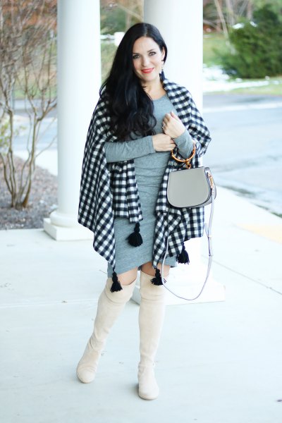black and white checked scarf gray figure-hugging mini dress