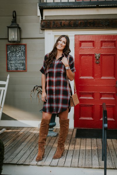 black and white checked tunic with camel over the knee boots