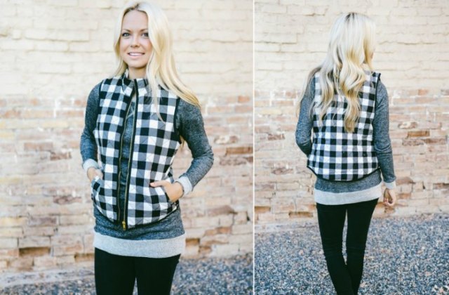 black and white checked vest over gray long sweater gaiters