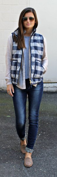 black and white checked vest with white linen shift jeans