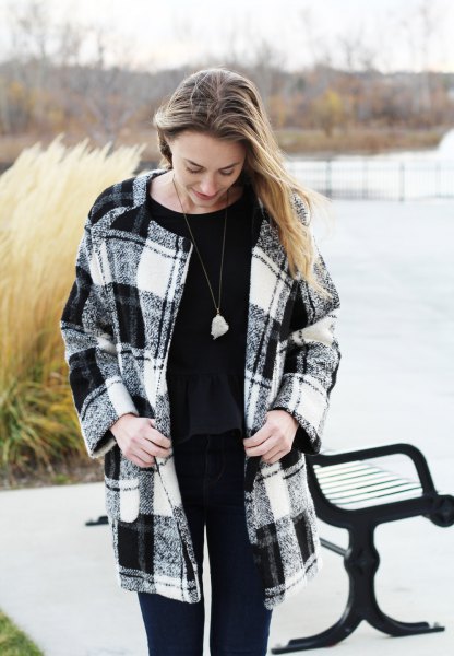 black and white checked wool coat