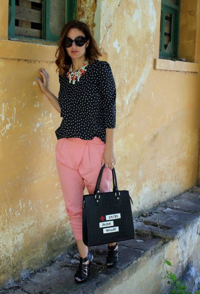 black and white dotted blouse with blushing pink cropped pants