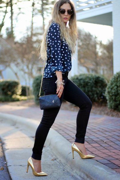 black and white dotted blouse with gold heels