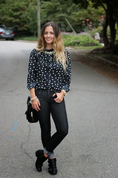 black and white dotted blouse with short boots