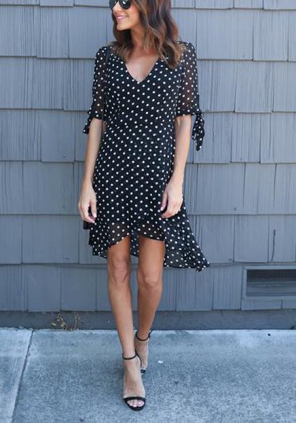 black and white polka dot mini shift dress with V-neck