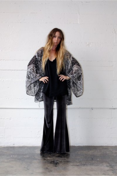black and white printed kimono with velvety bell pants