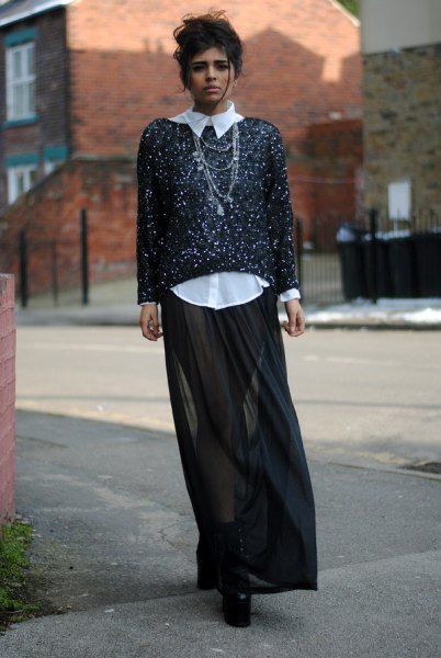 Black and white sequin sweater black transparent maxi skirt