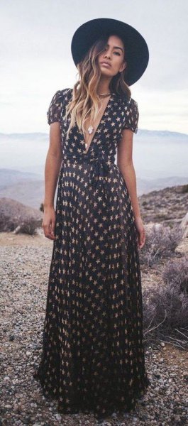 low-cut maxi dress with black and white star print