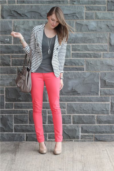black and white striped blazer with pink skinny jeans