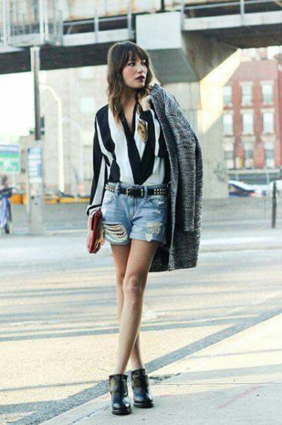 black and white striped blouse with denim shorts