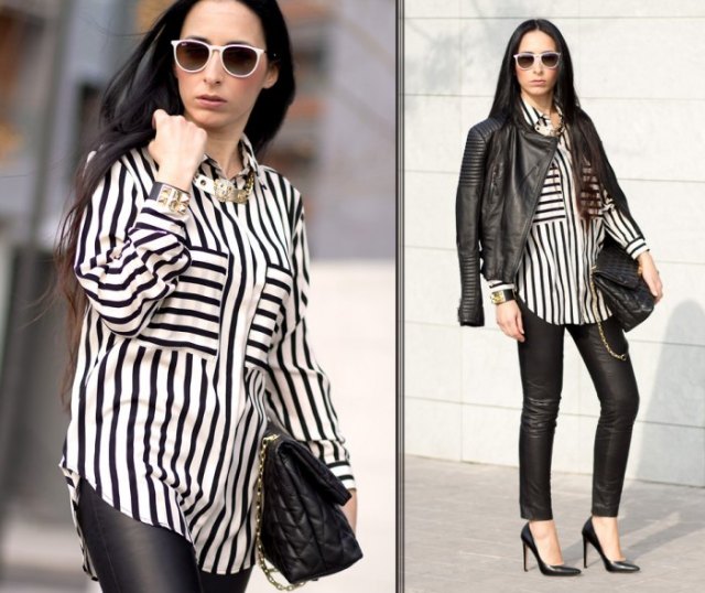 black and white striped blouse with buttons and leather jacket