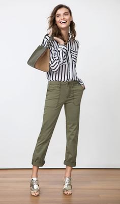 black and white striped shirt with buttons and green boyfriend jeans with cuffs