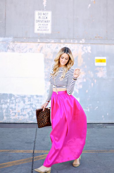 black and white striped short t-shirt with pink maxi skirt