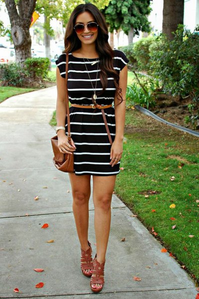 black and white striped dress thin belt