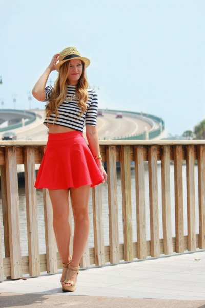 black and white striped short-sleeved short t-shirt with minirater skirt