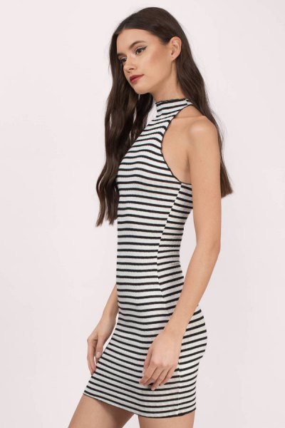 black and white striped mini dress with high neckline