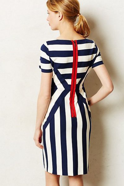 black and white striped knee-length dress with zipper at the back