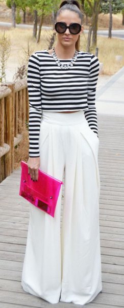 black and white striped long-sleeved short t-shirt with wide-cut suit trousers
