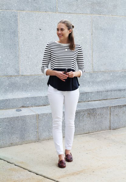 black and white striped long-sleeved short t-shirt with blouse